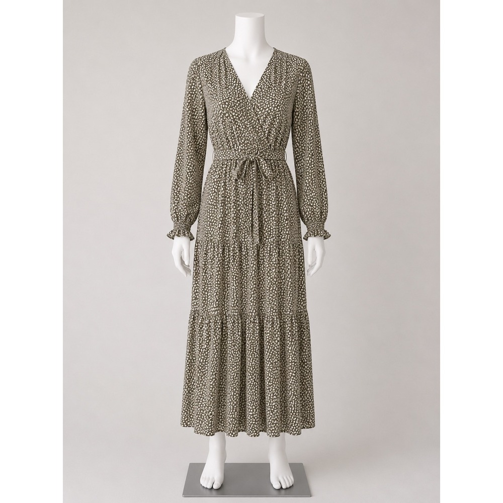 BTFBM Olive Green Animal Print Wrap‎ V-Neck Tiered Maxi Dress Long Sleeve Large